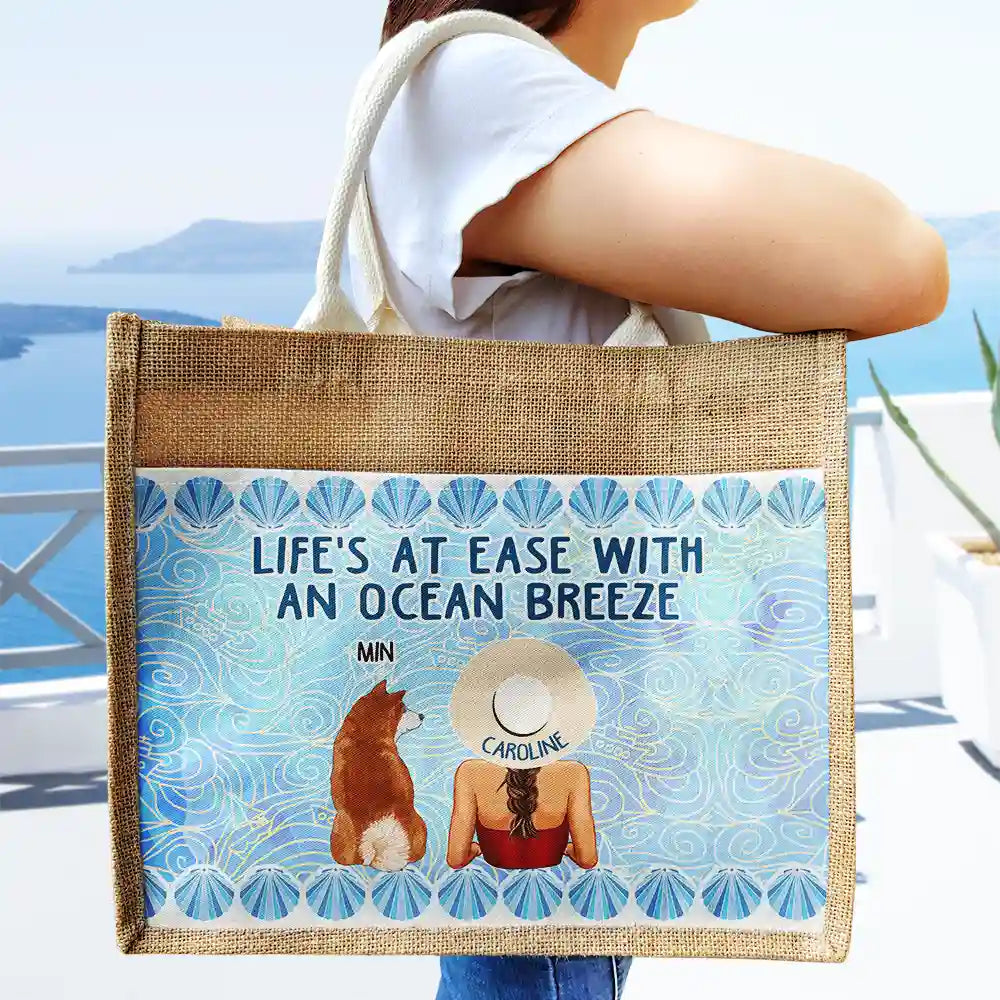 Life's At Ease With An Ocean Breeze Dog Cat Lover - Personalized Jute Tote Bag - Image 3