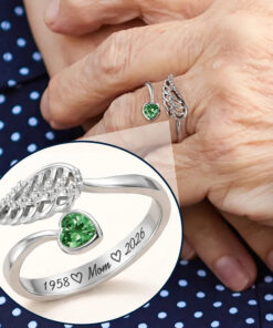 Memorial Family Mom Dad With Name & Year - Personalized Wing And Heart Birthstone Ring