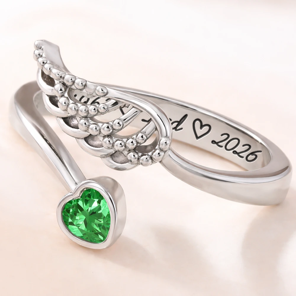 Memorial Family Mom Dad With Name & Year - Personalized Wing And Heart Birthstone Ring - Image 3