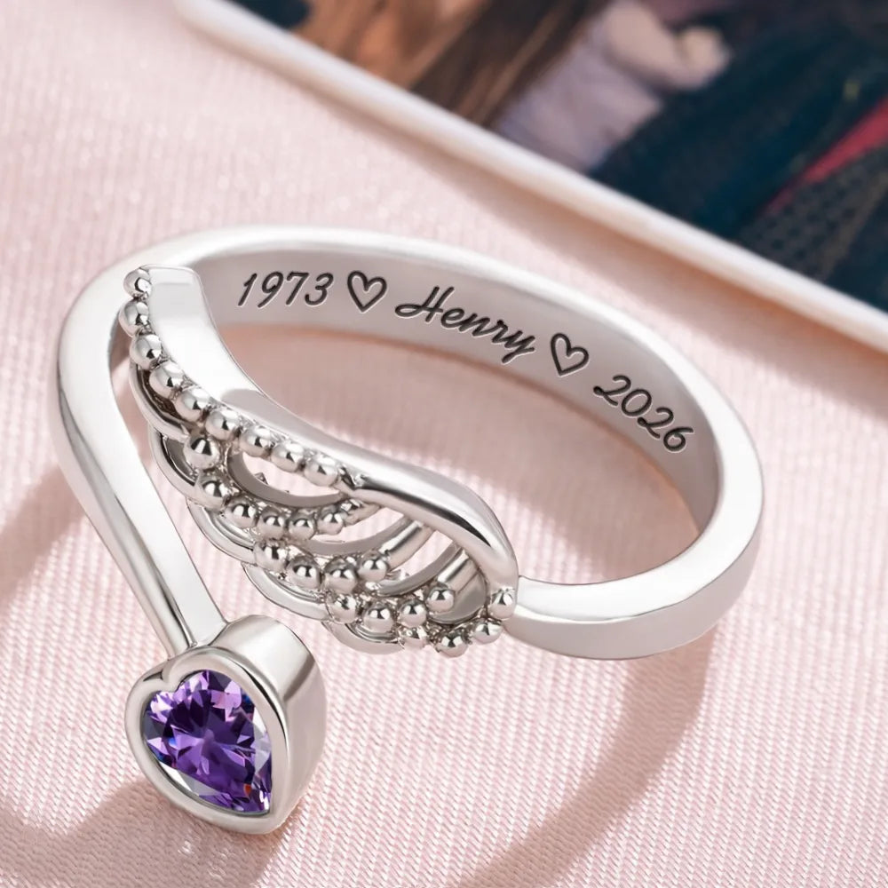 Memorial Family Mom Dad With Name & Year - Personalized Wing And Heart Birthstone Ring - Image 4