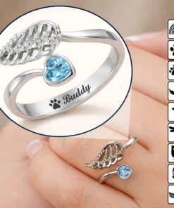 Memorial Your Loved One Family Loss Pet Loss - Personalized Wing And Heart Birthstone Ring
