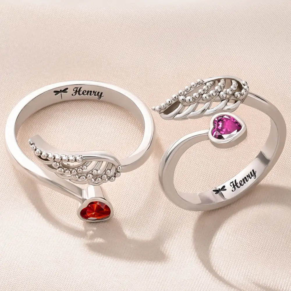 Memorial Your Loved One Family Loss Pet Loss - Personalized Wing And Heart Birthstone Ring - Image 2