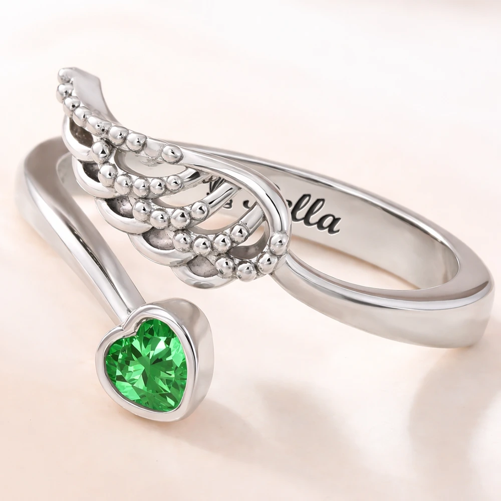 Memorial Your Loved One Family Loss Pet Loss - Personalized Wing And Heart Birthstone Ring - Image 3