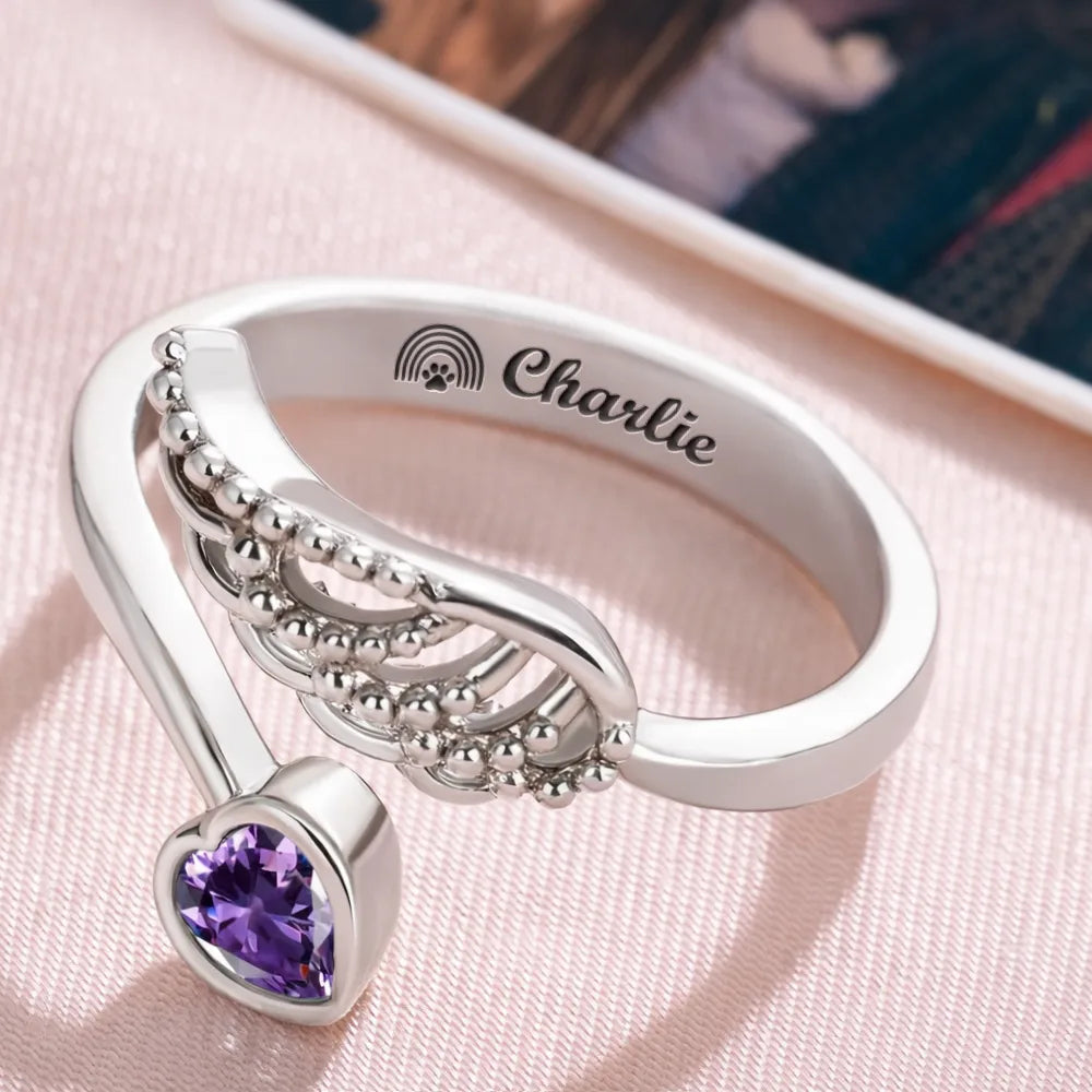 Memorial Your Loved One Family Loss Pet Loss - Personalized Wing And Heart Birthstone Ring - Image 4