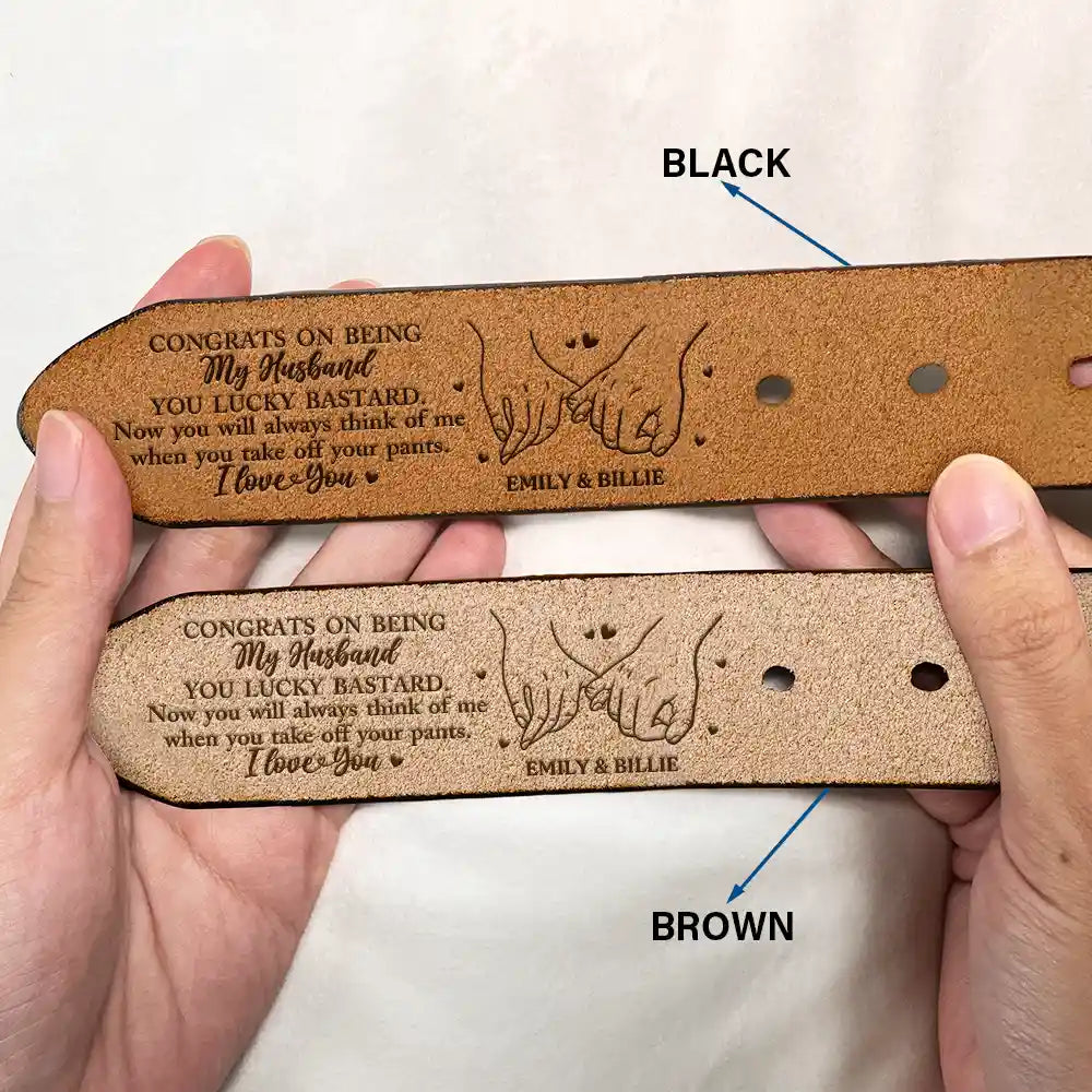 Holding Hands Congrats On Being My Husband - Personalized Engraved Leather Belt - Image 2