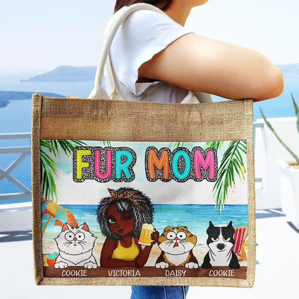 Dog Mom Cat Mom Fur Mom - Personalized Jute Tote Bag - Image 3