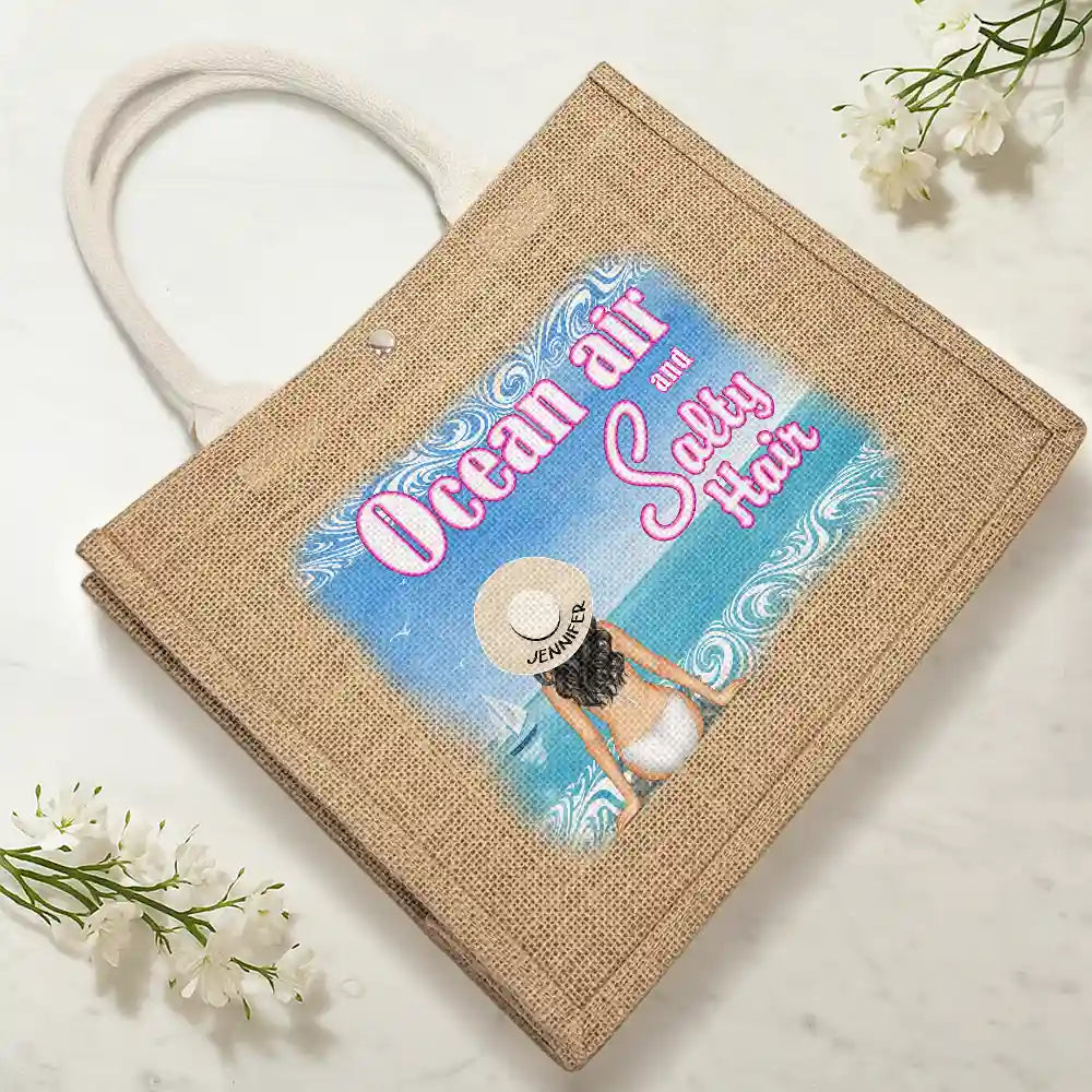 Ocean Air And Salty Hair - Personalized Jute Beach Bag - Image 4
