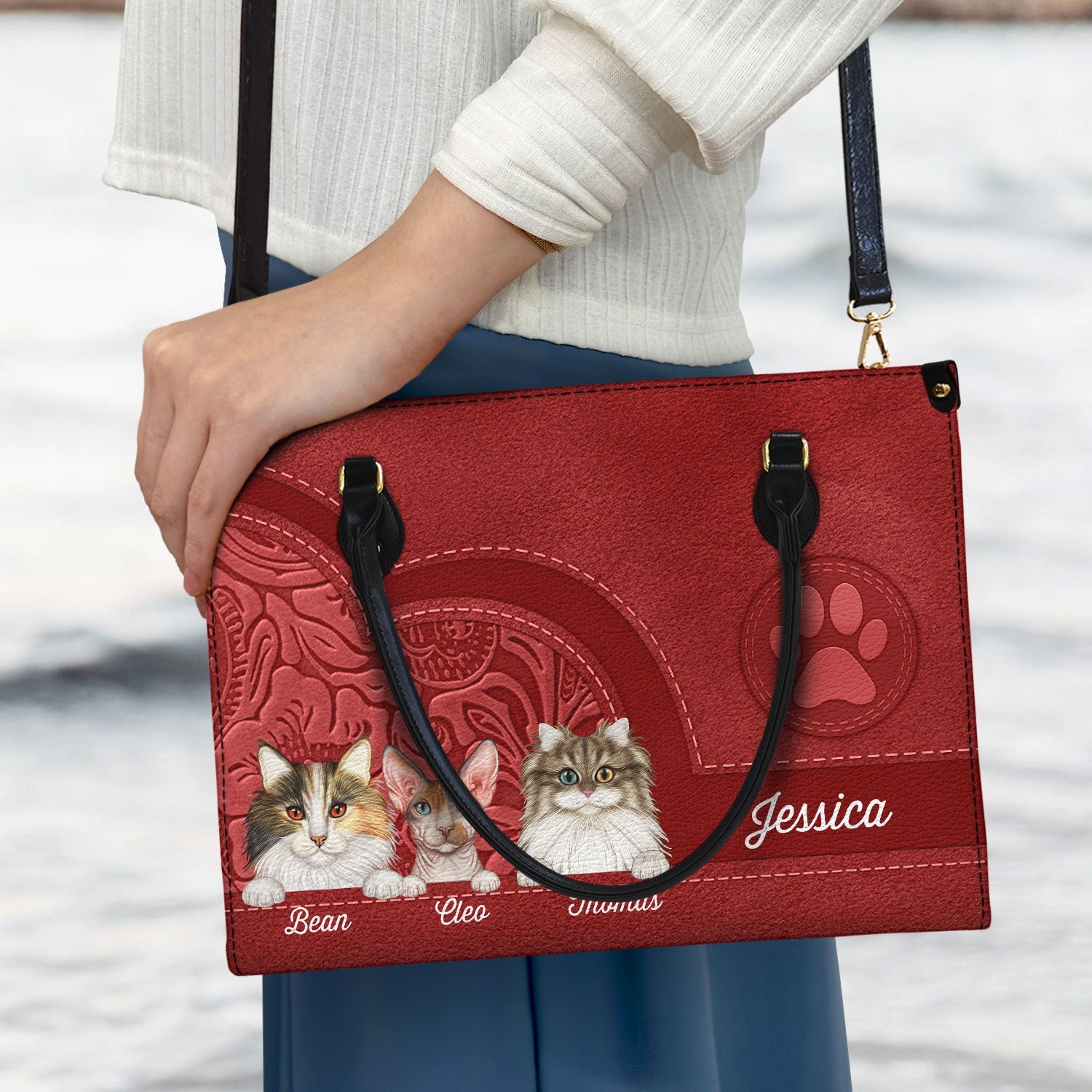 Cute Cats Aesthetic Pattern - Birthday, Loving Gift For Cat Mom, Cat Lovers - Personalized Leather Bag - Image 3