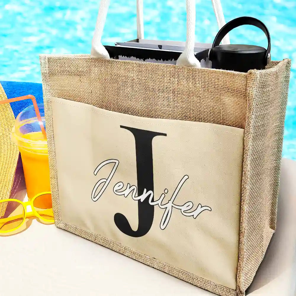 Monogram Name - Personalized Jute Tote Bag - Image 2