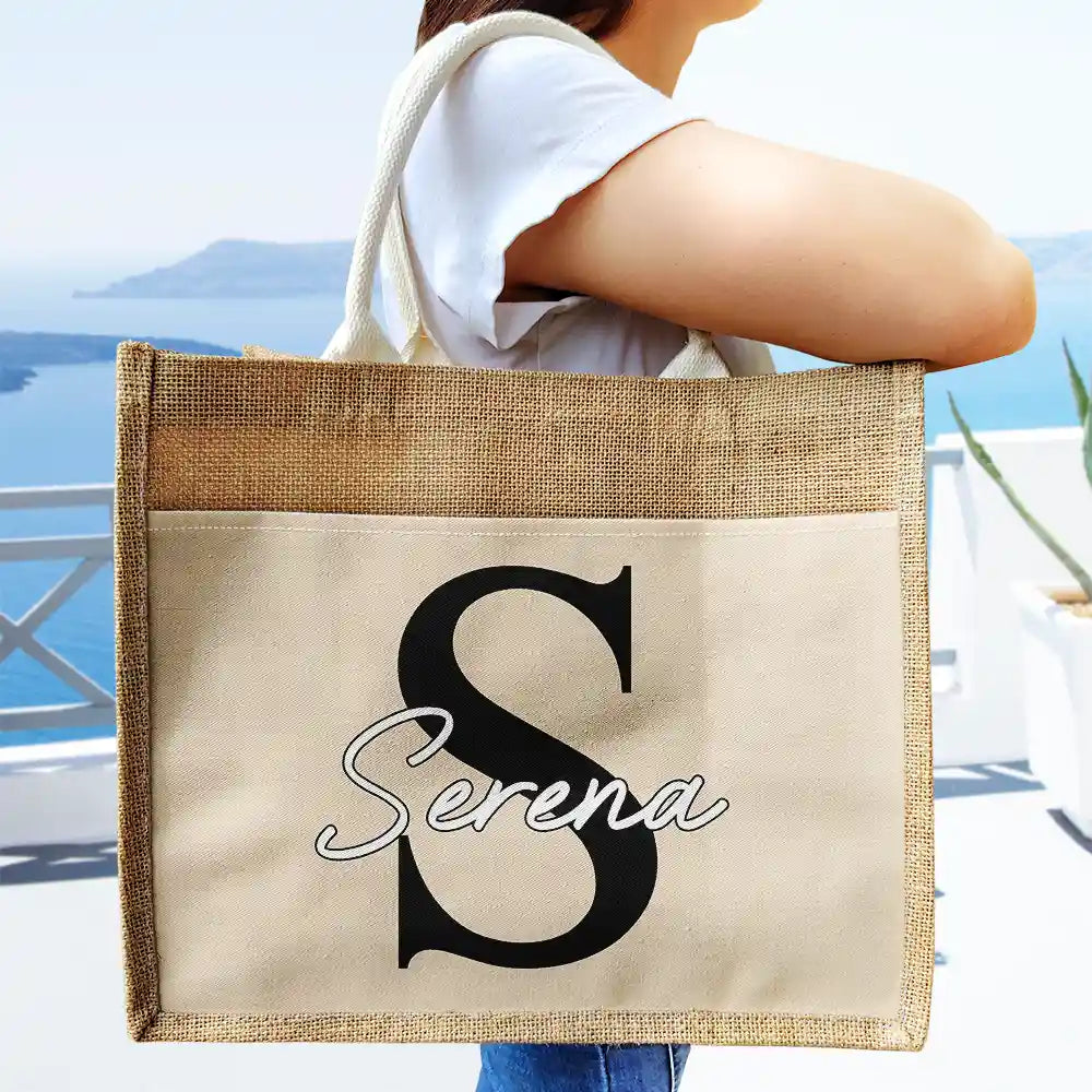 Monogram Name - Personalized Jute Tote Bag - Image 3