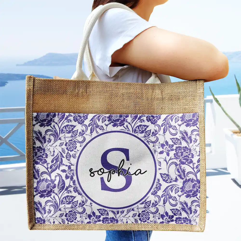 Monogram Floral Pattern Custom - Personalized Jute Tote Bag - Image 3