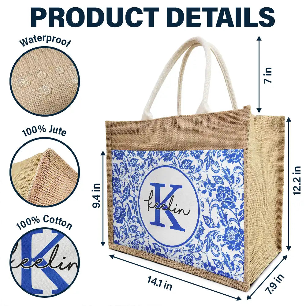 Monogram Floral Pattern Custom - Personalized Jute Tote Bag - Image 4