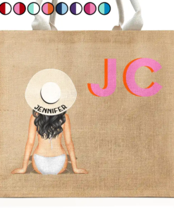 Shadow Monogram Girl By The Beach - Personalized Jute Beach Bag