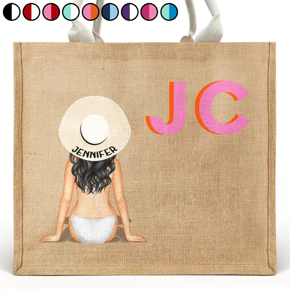 Shadow Monogram Girl By The Beach - Personalized Jute Beach Bag