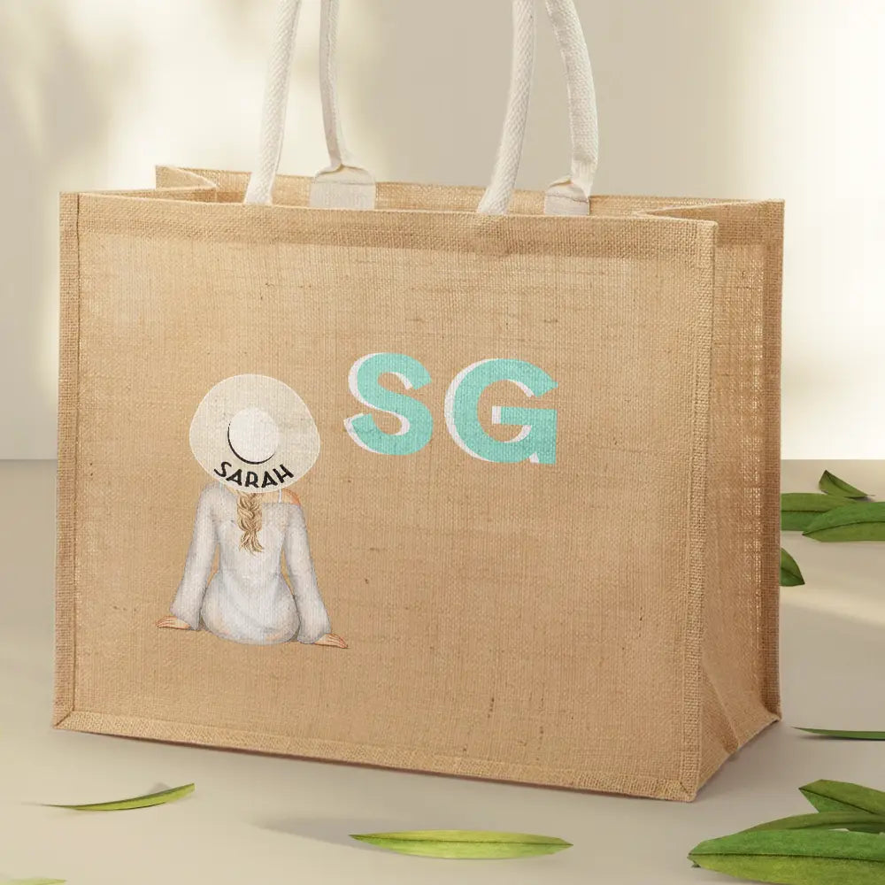 Shadow Monogram Girl By The Beach - Personalized Jute Beach Bag - Image 2