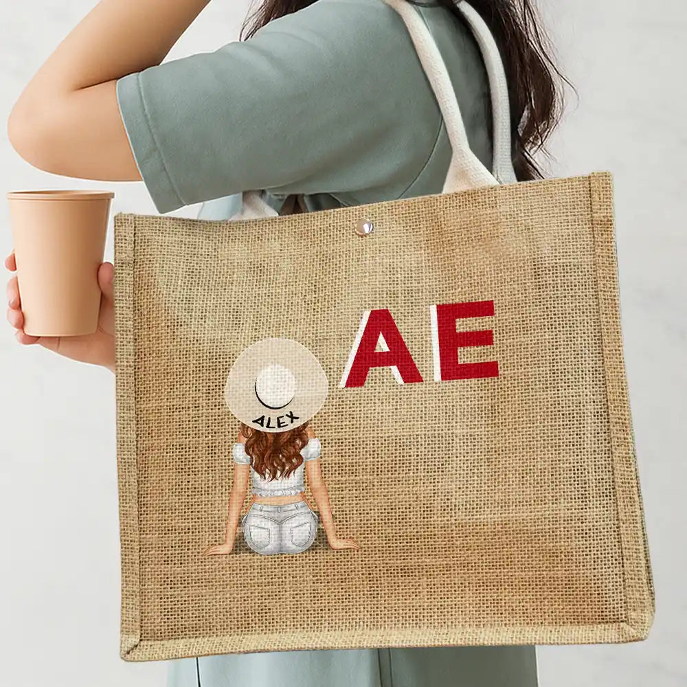 Shadow Monogram Girl By The Beach - Personalized Jute Beach Bag - Image 3