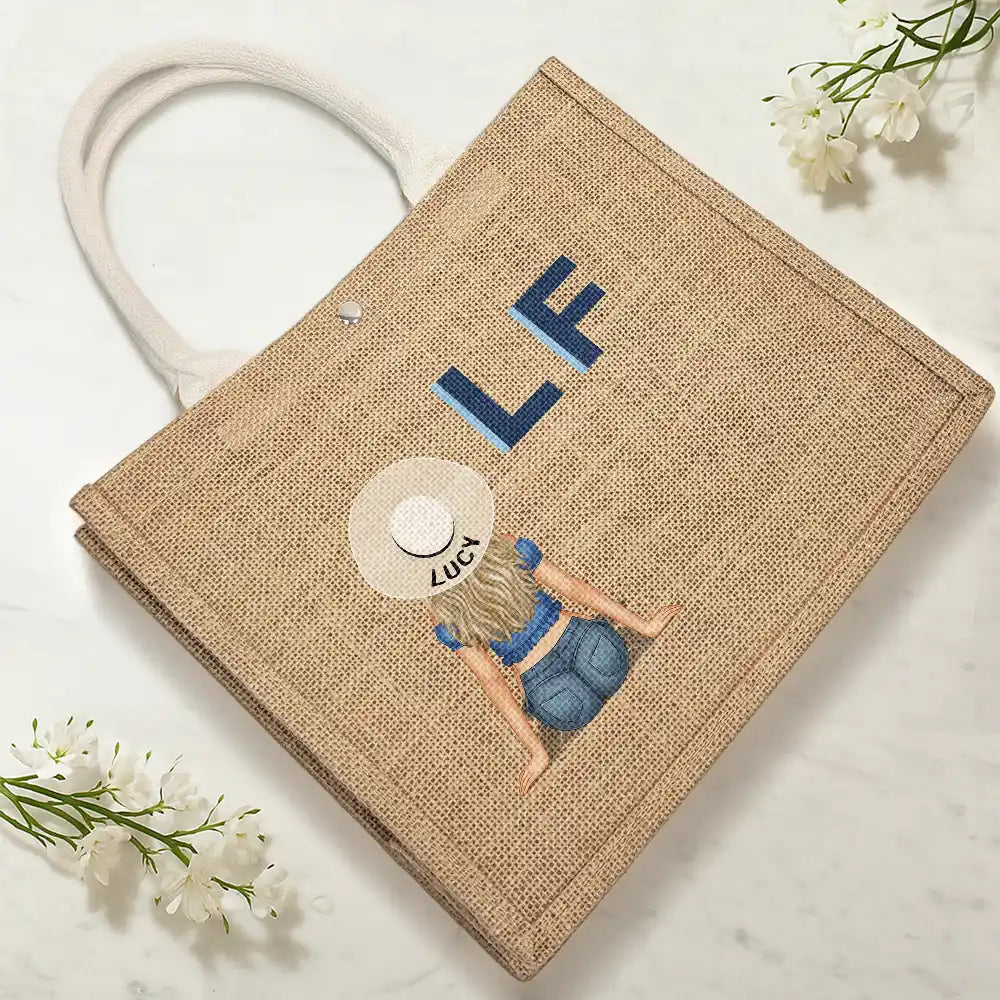 Shadow Monogram Girl By The Beach - Personalized Jute Beach Bag - Image 4