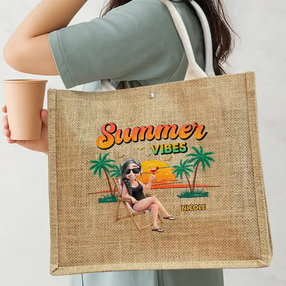 Summer Time Just A Girl Who Loves Beach - Personalized Jute Beach Bag - Image 3