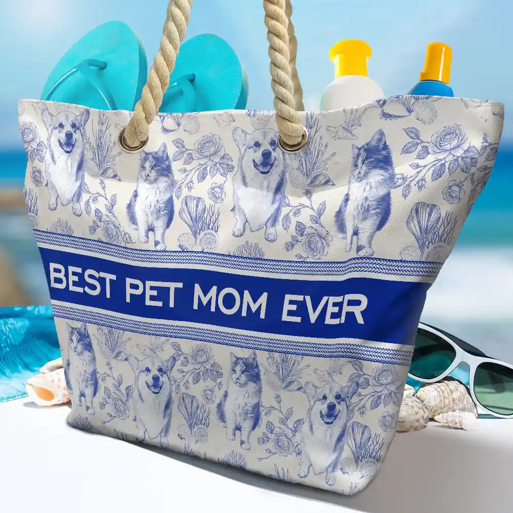 Custom Photo Pencil Sketch Art Dog Mom Pet Mom Toile Pattern - Personalized Beach Bag - Image 5