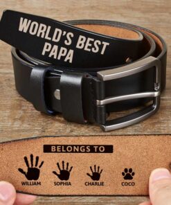 World's Best Papa Belongs To Grandkids - Personalized Engraved Leather Belt