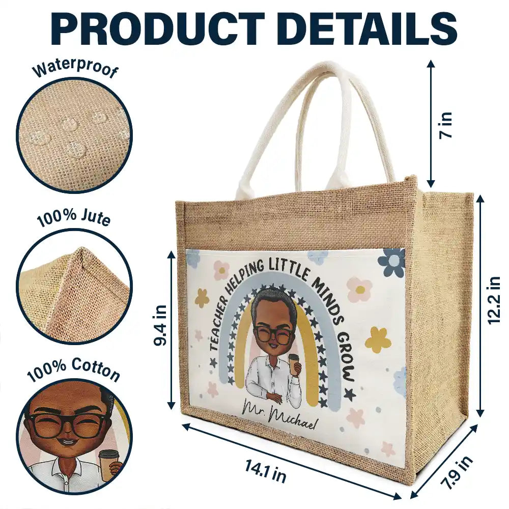 Teacher Helping Little Minds Grow - Personalized Jute Tote Bag - Image 4