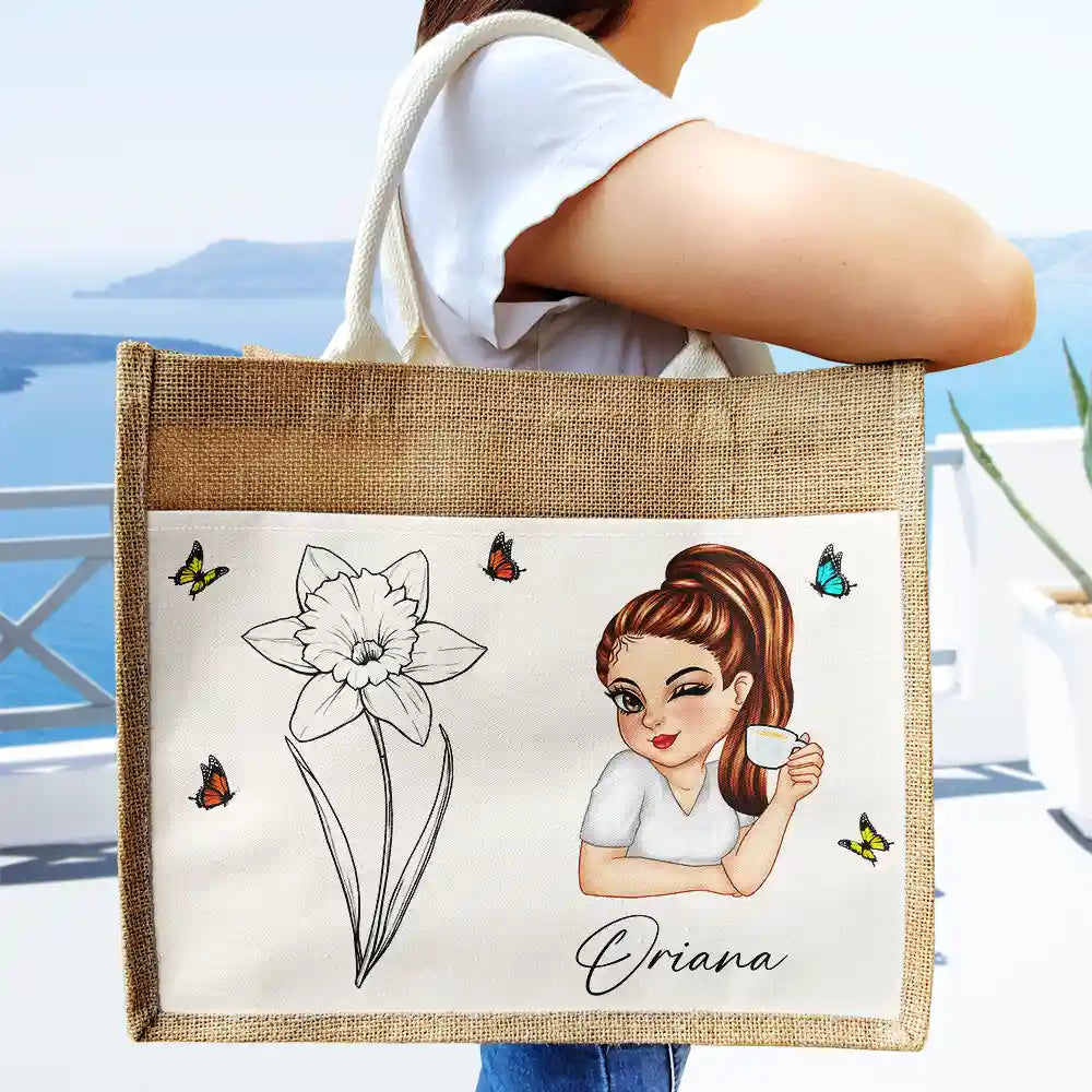 Line Wild Flower Cartoon Woman - Personalized Jute Tote Bag - Image 3