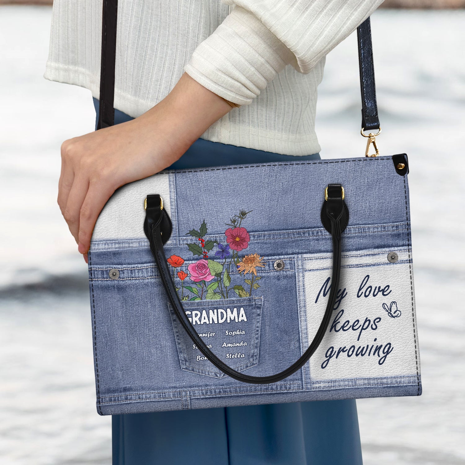 My Love Keeps Growing - Gift For Grandma And Mother - Personalized Leather Bag - Image 3