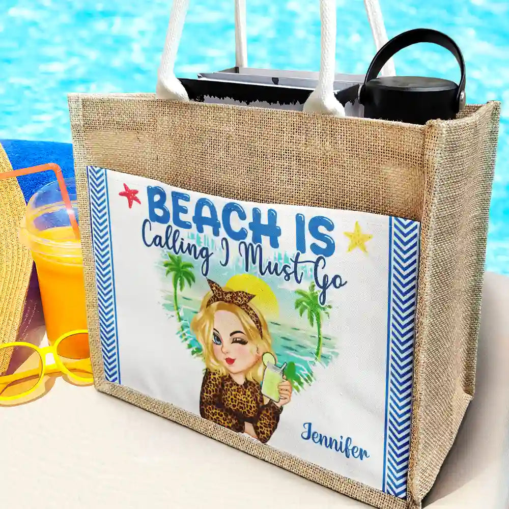 The Beach Is My Happy Place - Personalized Jute Tote Bag - Image 2
