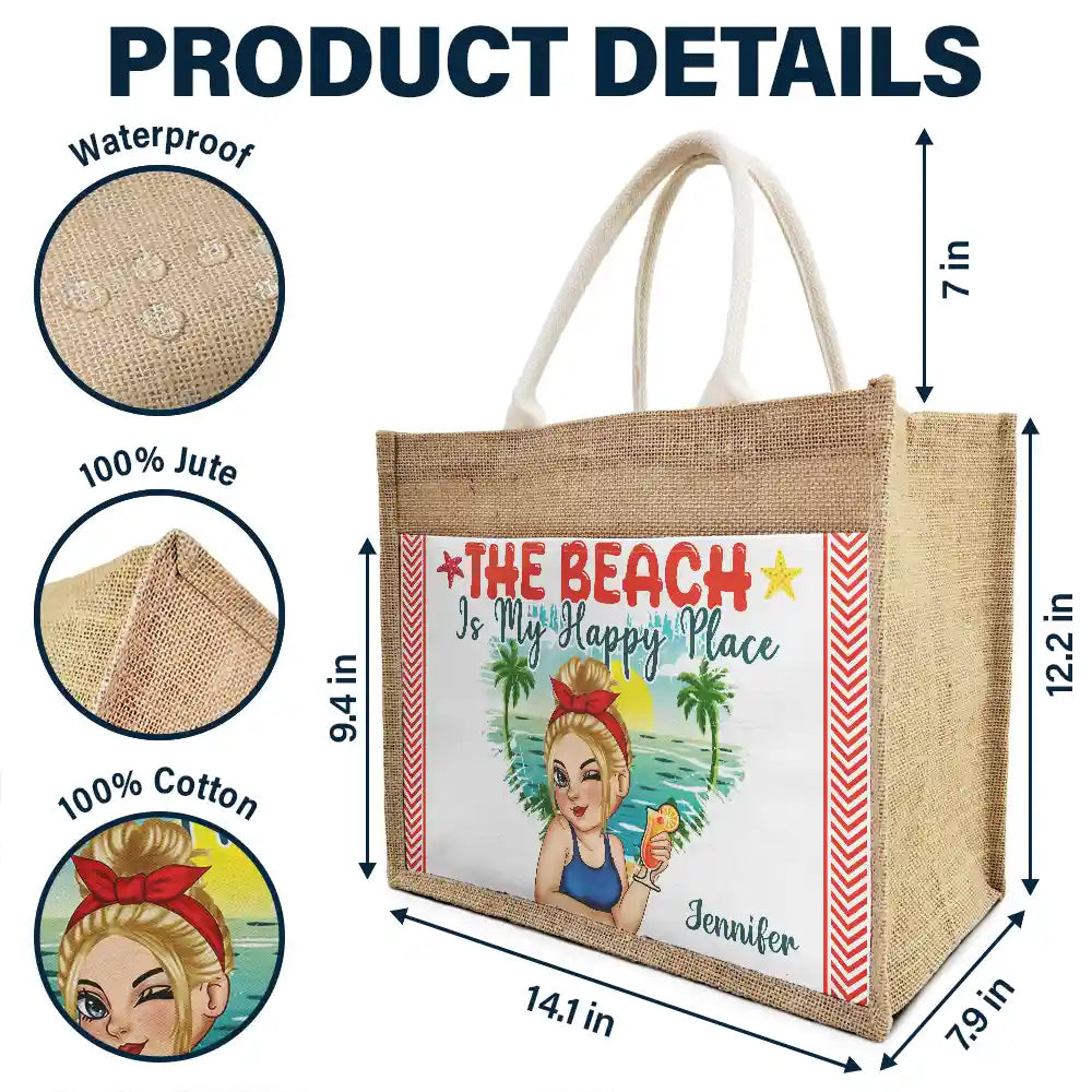 The Beach Is My Happy Place - Personalized Jute Tote Bag - Image 4