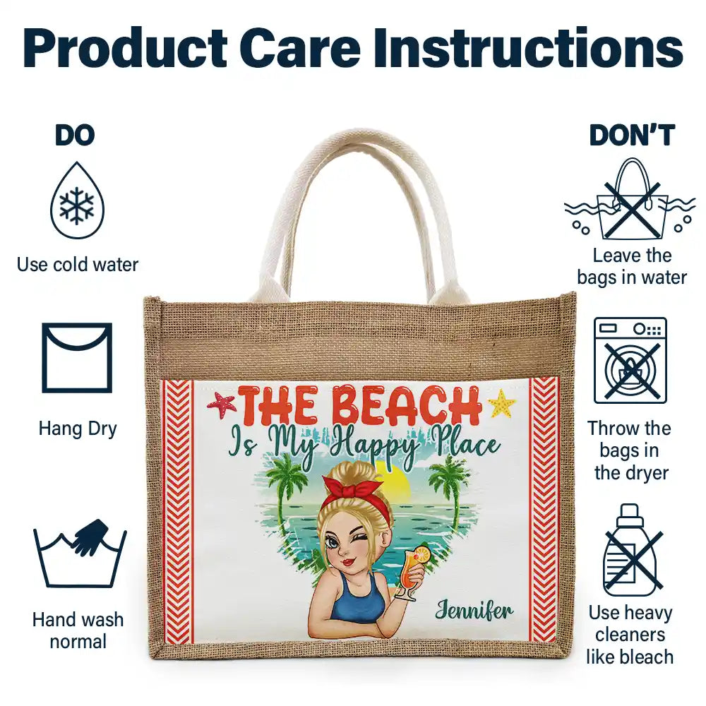 The Beach Is My Happy Place - Personalized Jute Tote Bag - Image 6