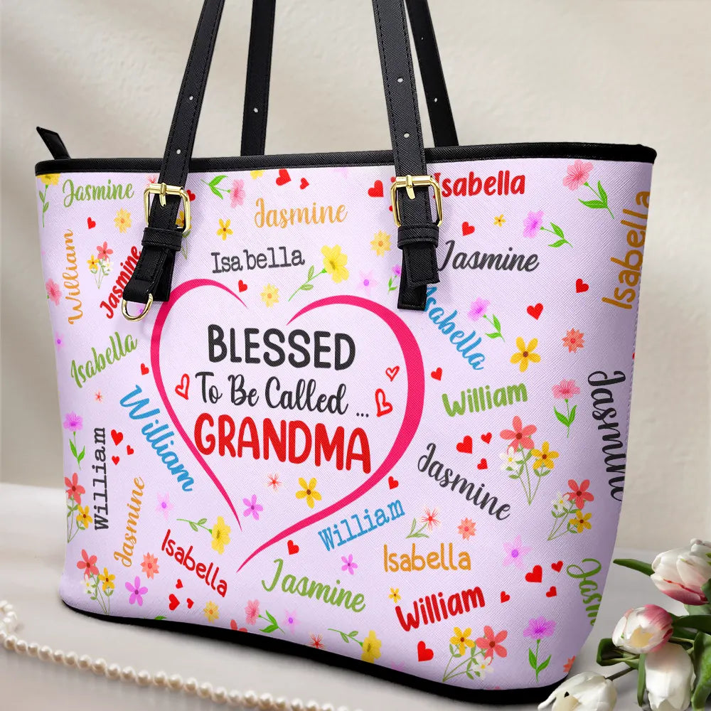 This Grandma Belongs To Blessed To Be Called Grandma - Personalized Leather Tote Bag - Image 2