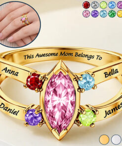 This Awesome Mom Belongs Engraved With Kids Name Gemstones - Personalized Birthstone Ring