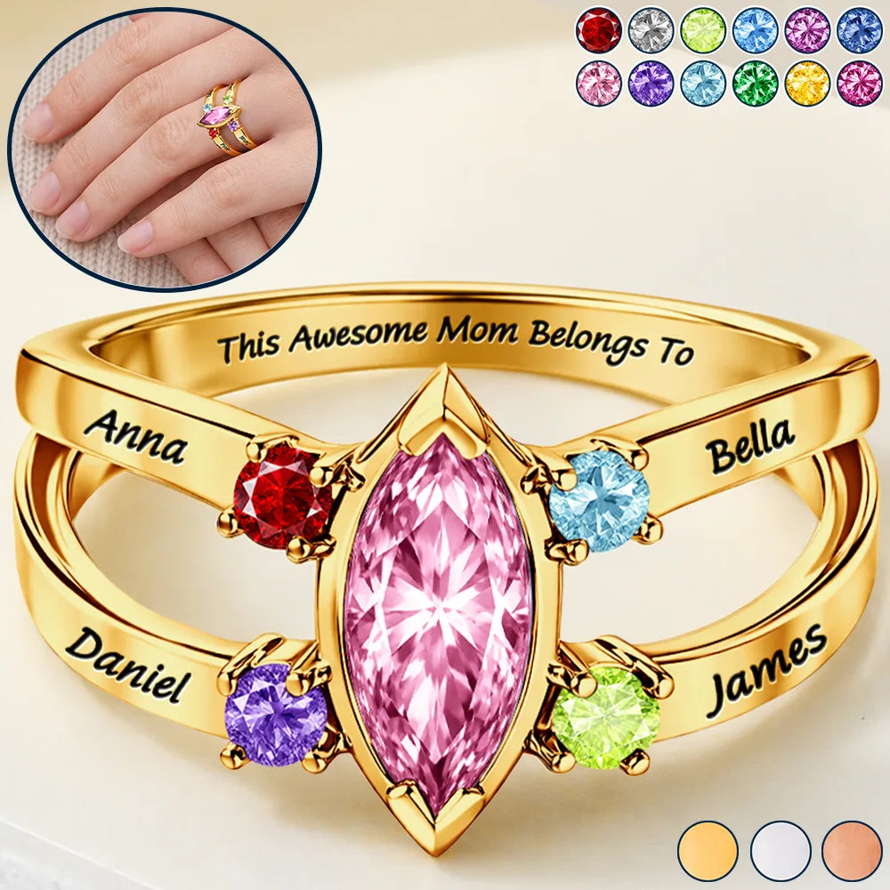 This Awesome Mom Belongs Engraved With Kids Name Gemstones - Personalized Birthstone Ring