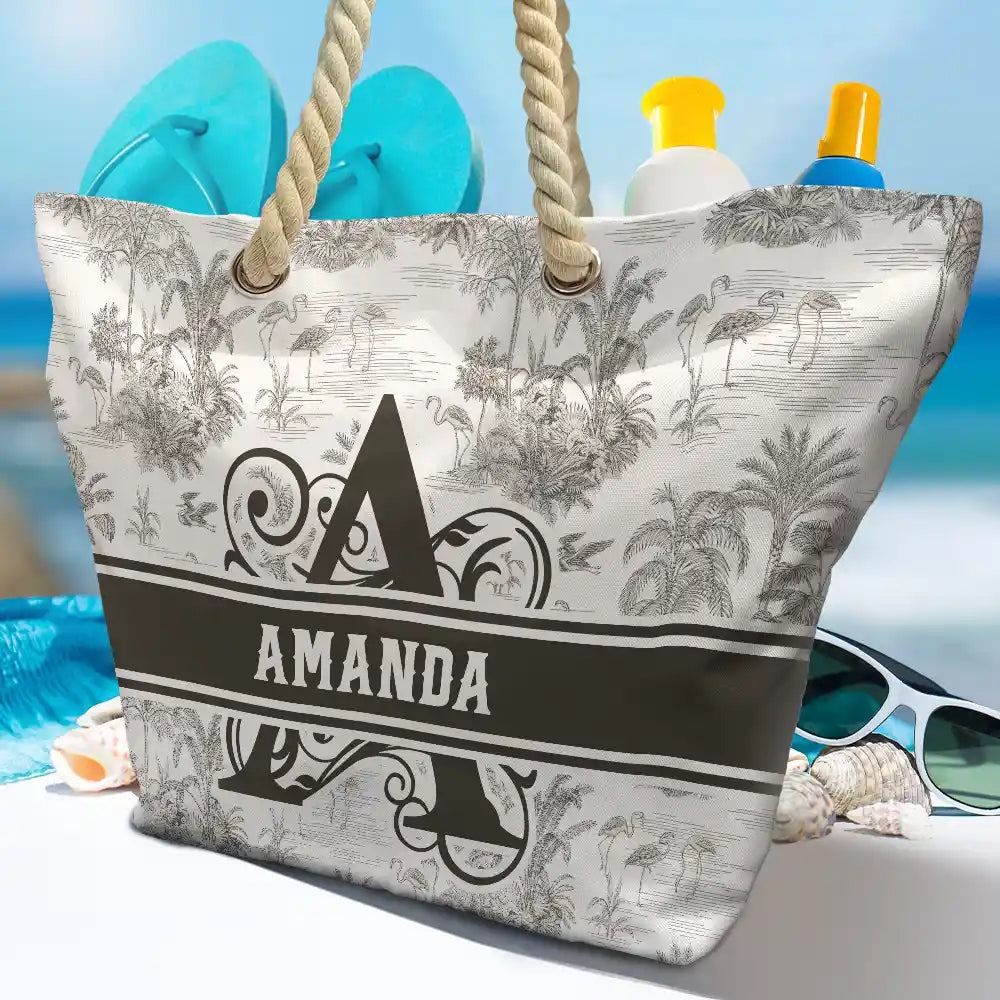 Toile De Jouy Beach Pattern Monogram - Personalized Beach Bag - Image 4