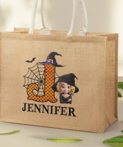 Alternative view of Trick Or Treat Kid Monogram Halloween - Personalized Jute Beach Bag