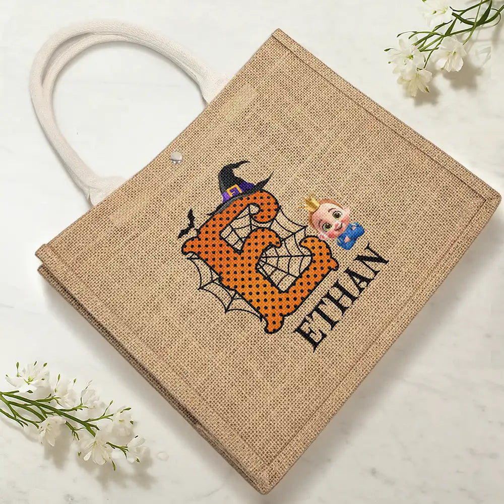 Trick Or Treat Kid Monogram Halloween - Personalized Jute Beach Bag - Image 4