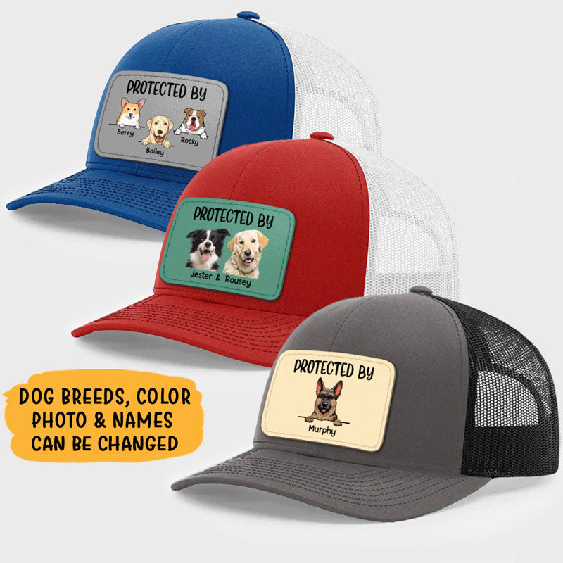 Protected By Dog, Personalized Trucker Leather Patch Hat, Gifts For Dog Lovers, Custom Photo - Image 2