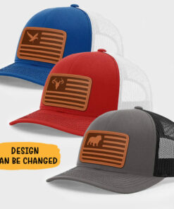 Alternative view of American Flag Hat, Personalized Trucker Leather Patch Hat, Hunting Hat, Gift For Dad